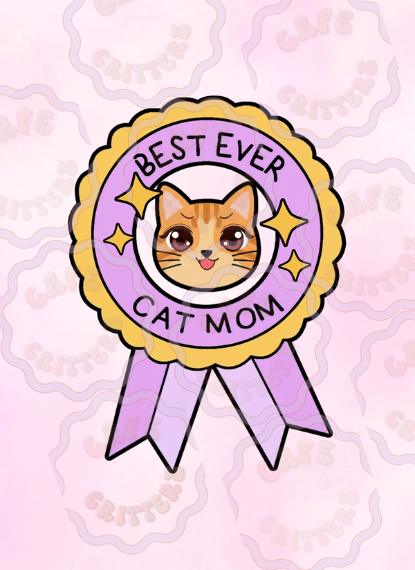 2.5 x 3 inch “Best Cat Mom” rosette sticker featuring an orange tabby cat in the center of a pastel award ribbon design. The Cafe Critterz sticker includes yellow scalloped trim, a lavender ribbon, sparkle accents, and “Best Ever Cat Mom” text for a cute 
