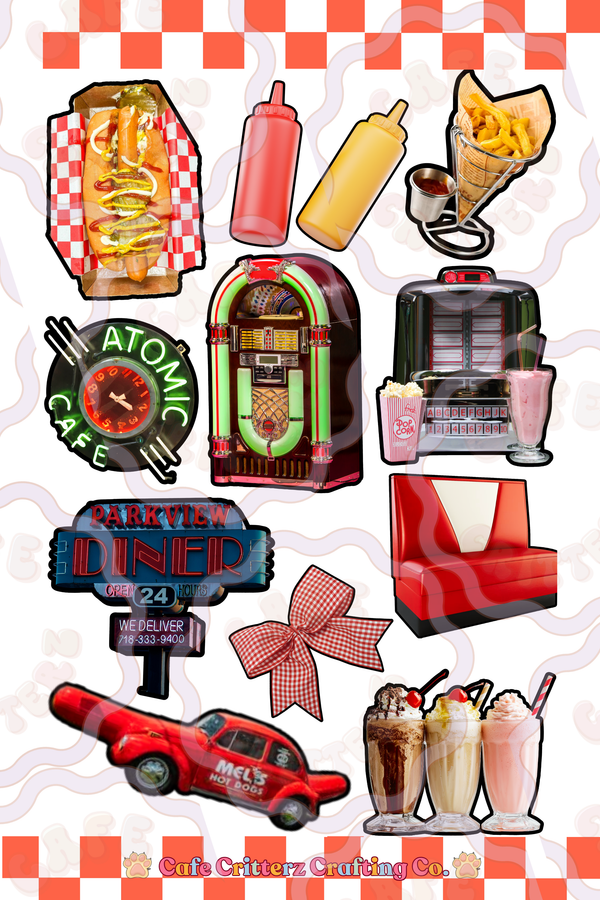 4 x 7 inch “Americana Diner” sticker sheet with retro diner-themed designs on a white background with red checkered borders. The Cafe Critterz sticker sheet includes a hot dog in a paper tray, ketchup and mustard bottles, fries, an atomic cafe clock, jukebox, diner booth, diner sign, red gingham bow, red hot dog car, popcorn, milkshakes, and other nostalgic Americana diner details for a cozy junk journal or planner look.