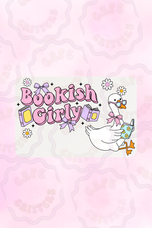 Cotton canvas zippered pouch featuring a bookish goose wearing pink cat-eye glasses and holding a book, surrounded by cozy reader essentials like stacked books, a candle, coffee mug, bookmark, pink bows, hearts, and white daisies. The Cafe Critterz stationary