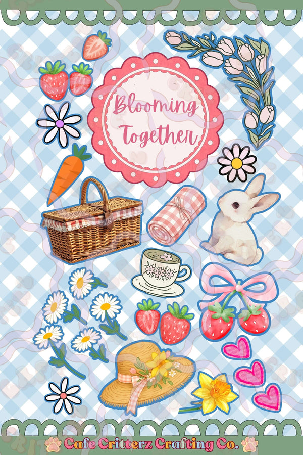 6 x 7 inch Cafe Critterz vinyl sticker sheet with picnic-themed designs on a blue gingham background and green scalloped border. The sheet features a “Blooming Together” label, a white bunny, picnic basket, latte cup, strawberries, daisies, tulips, daffodil, straw hat, pink bows, hearts, and lace-inspired spring accents for decorating junk journals, planners, and scrapbooks.