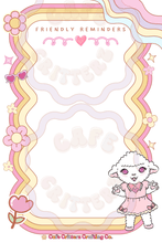 Load image into Gallery viewer, Sleepy Sweet Friendly Reminders memo pad with a cute lamb character in a frilly pastel outfit beside a large writing space. The 5 x 7 inch Cafe Critterz notepad features retro floral details, rainbow border accents, and spring picnic blanket styling for reminders, notes, planners, and junk journals.
