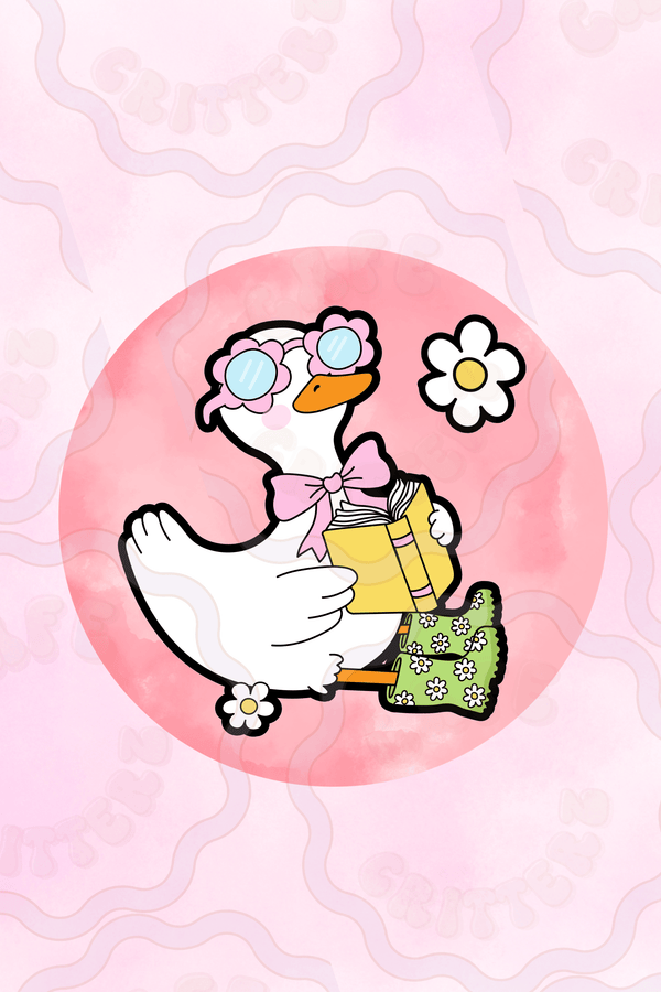 Sticker with a silly white goose holding a yellow book, wearing pink flower sunglasses, a pink bow, and green daisy-pattern rain boots. The goose is shown on a soft pink circle with a white daisy beside it, giving the design a playful Cafe Critterz spring reading vibe.