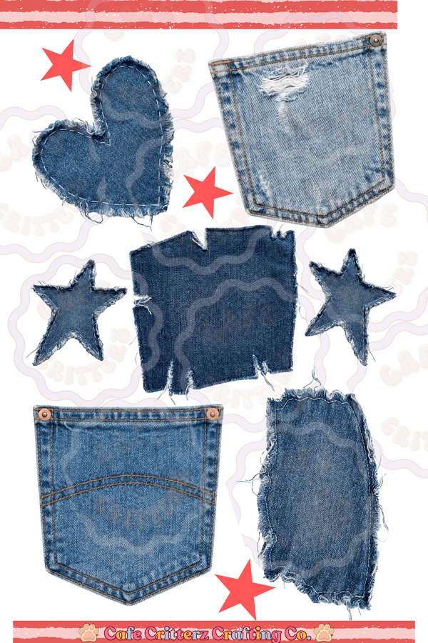 “Classic Denim” sticker sheet featuring realistic denim patch designs, including jean pockets, a heart, stars, and frayed fabric scraps. The sheet has red star accents, red striped borders, and Café Critterz Crafting Co. branding for a playful, vintage-inspired look perfect for junk journaling, scrapbooking, and decorating.