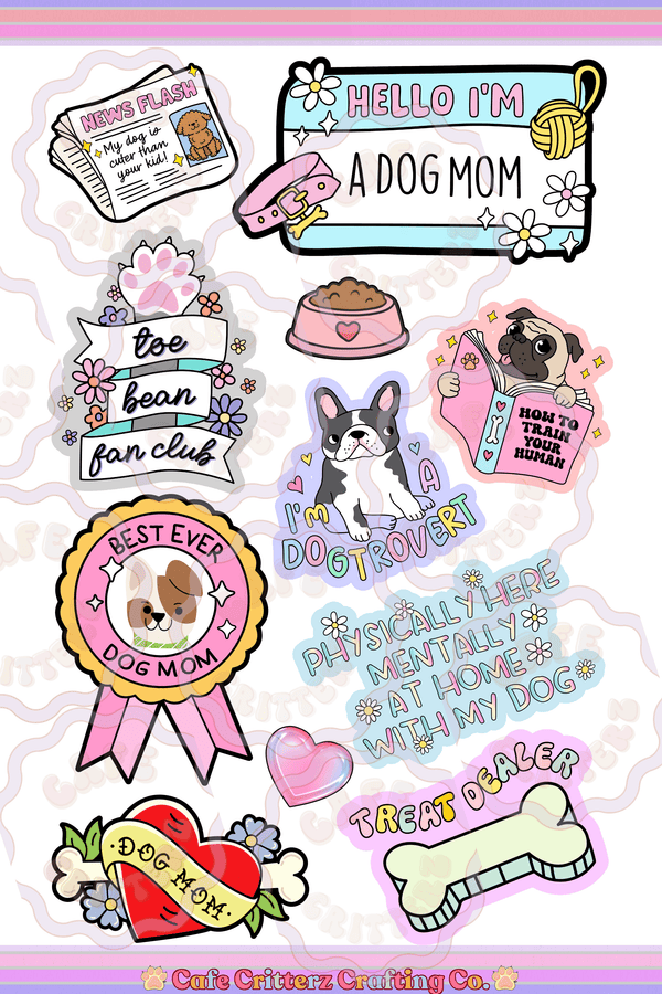 “Dog Mom” sticker sheet featuring a playful collection of dog-themed Café Critterz designs, including “Hello I’m a Dog Mom,” “Best Ever Dog Mom,” “Treat Dealer,” and “Physically Here Mentally at Home With My Dog” stickers. The sheet also includes cute pup illustrations, a dog bowl, paw print, collar, heart, newspaper, and a retro tattoo-inspired dog mom heart for cozy stationery, junk journaling, and proud pet parent decorating.