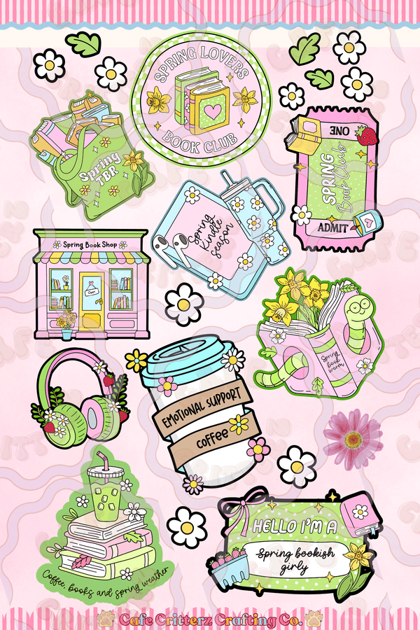 Sticker sheet with spring book club themed designs on a soft pink background with daisies and striped borders. The sheet includes a “Spring Lovers Book Club” badge, a tote bag full of books, a spring book shop, headphones with flowers, coffee and iced drink stickers, a bookworm reading, a book fair ticket, and a “Hello I’m a spring bookish girly” name tag in a cozy Cafe Critterz style.