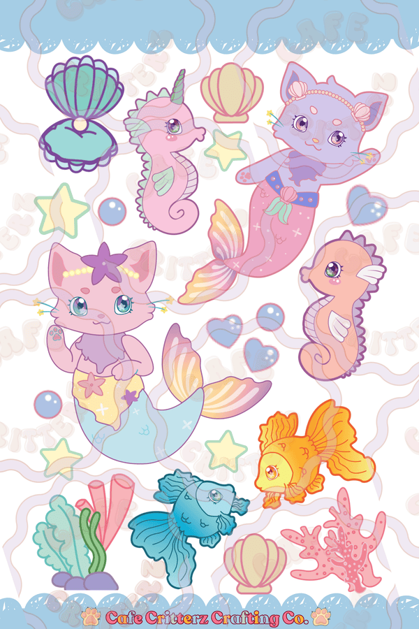 “The Little Mewmaids” sticker sheet featuring Honey Latte, one of our Critterz,  as an adorable pastel mermaid cat with a seashell top and colorful tail. The sheet includes playful undersea friends and accents, including seahorses, a goldfish, a blue fish, seashells, coral, pearls, bubbles, hearts, and star shapes for a whimsical ocean-inspired stationery design.