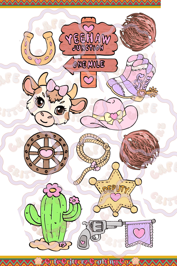“Yeehaw Junction” sticker sheet featuring a cute pastel cowgirl collection with a cow, pink cowboy hat, sheriff deputy star, cactus, horseshoe, wagon wheel, rope, boots, tumbleweeds, and a western sign reading “Yeehaw Junction One Mile.” The playful Café Critterz design uses soft pink, purple, green, and gold details for a sweet western stationery look.