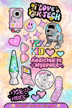 Load image into Gallery viewer, Y2K toys sticker sheet featuring retro tech, vibrant designs, and playful nostalgia for a glam throwback.

