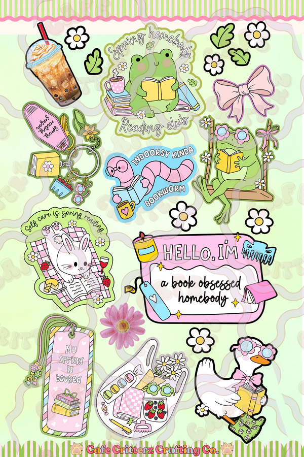 Sticker sheet with cozy spring reading-themed designs on a light green background. The sheet includes frogs reading books, a “Spring Homebody Reading Club” sticker, a “Hello, I’m a book obsessed homebody” name tag, a bunny reading on a picnic blanket, a bookish goose, a bookmark, an iced drink, flowers, daisies, and cute book club accessories in a soft Cafe Critterz style.