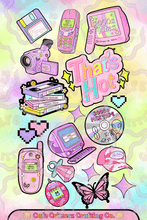 Load image into Gallery viewer, 6 x 7 inch Cafe Critterz vinyl sticker sheet with Y2K media and 2000s-inspired tech designs on a pastel rainbow tie-dye background. The sheet includes a pink desktop computer, flip phones, a camcorder, floppy disk, VHS tape stack, mix CD, TV, Tamagotchi-style toy, butterfly, pixel hearts, sparkles, “That’s Hot” quote, and a pink trucker hat for a nostalgic junk journal and planner look.
