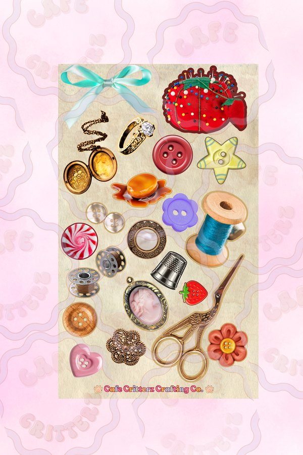 4 x 7 inch “Grandma’s Sewing Tin” sticker sheet with vintage sewing-themed designs on a soft beige background. The Cafe Critterz sticker sheet includes a tomato pincushion, buttons, thread spool, scissors, thimble, measuring tape, needle, ribbon bow, charms, beads, strawberry details, and small floral accents for a cozy craft room and junk journal look.