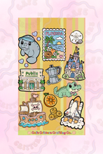 Load image into Gallery viewer, 4 x 7 inch “Greetings from Florida” sticker sheet with orange and citrus-themed designs on a soft green and orange striped background. The Cafe Critterz sticker sheet includes a bow wearing alligator, visor wearing manatee, magical disney castle, “Fresh Squeezed” label, oranges and orange slices, coffee cafecito, seashells, pirate ship, pirate gold coins, green grocery store, stamp, bubbles, orange blossom flowers, a beach and other sunny summer details for a sweet junk journal or planner look. 
