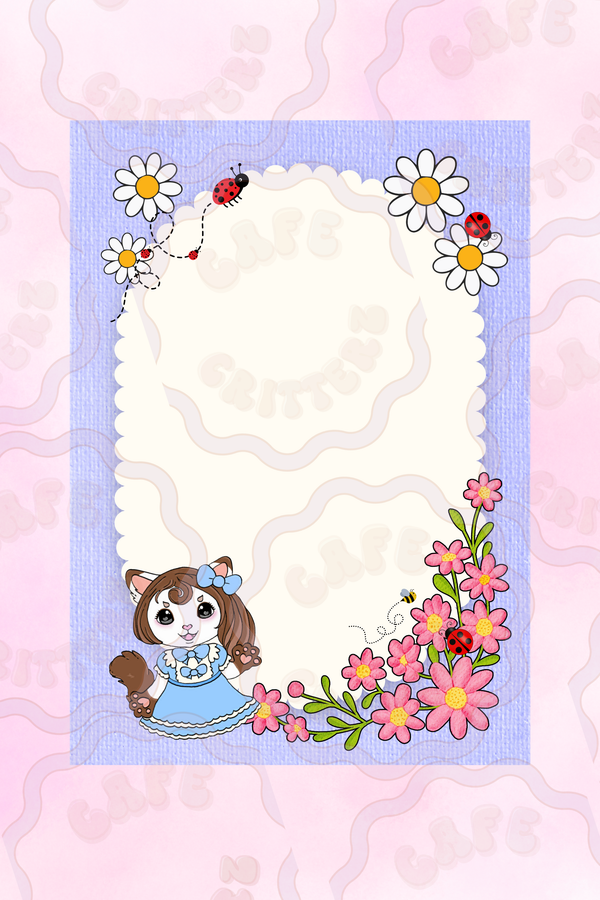 5 x 7 inch “Lady Bug Garden” notepad with a cream writing space framed by a blue gingham background and white scalloped border. The Cafe Critterz design features a brown and white puppy in a blue dress, red ladybugs, white daisies, pink flowers, green leaves, and a soft garden-inspired layout for cozy notes, lists, and journaling.