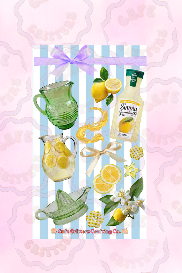 4 x 7 inch “Fresh Squeezed Lemonade” sticker sheet with lemon and citrus-themed designs on a blue striped background. The Cafe Critterz sticker sheet includes a green glass pitcher, lemonade glass, lemon slices, whole lemons, a “Fresh Squeezed Lemonade” carton, white flowers, leafy accents, gingham bows, and other sunny summer drink details for a sweet junk journal or planner look.