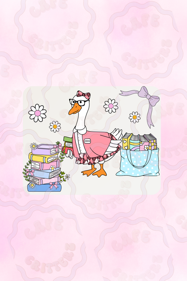 Cotton canvas zippered pouch featuring a bookish goose wearing pink cat-eye glasses and holding a book, surrounded by cozy reader essentials like stacked books, a candle, coffee mug, bookmark, pink bows, hearts, and white daisies. The Cafe Critterz stationary