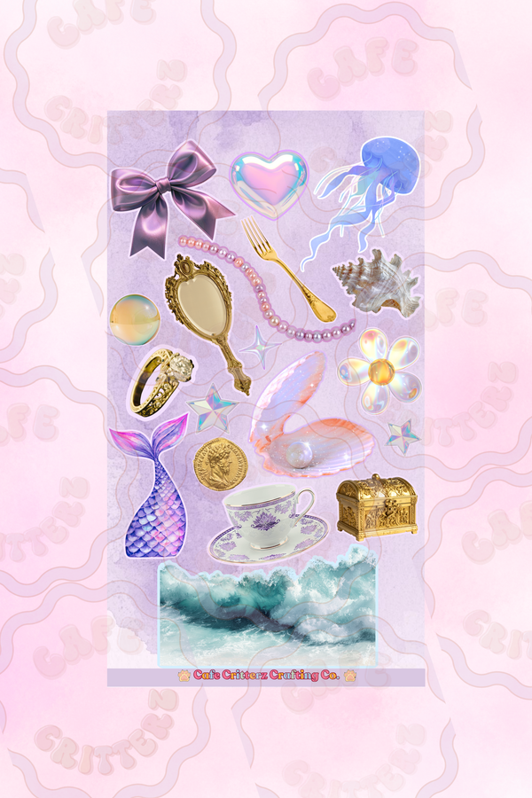 4 x 7 inch “Mermaid Treasures” sticker sheet with ocean-inspired designs on a soft lavender background. The Cafe Critterz sticker sheet includes a purple satin bow, pearly heart, blue jellyfish, seashell, pink pearl strand, gold hand mirror, fork, ring, mermaid tail, gold coin, teacup, treasure chest, ocean waves, iridescent stars, and a glowing flower for a dreamy mermaid junk journal or planner look.