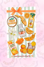 Load image into Gallery viewer, 4 x 7 inch “Fresh Squeezed Oranges” sticker sheet with orange and citrus-themed designs on a soft green striped background. The Cafe Critterz sticker sheet includes a bow, “Fresh Squeezed” label, oranges and orange slices, orange juice bottles, a citrus drink pouch, orange blossom flowers, a pitcher, glass, crate of oranges, and other sunny summer fruit market details for a sweet junk journal or planner look.
