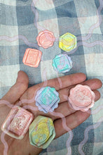 Load image into Gallery viewer, cafe critterz set handmade wax seal embellishments with marbled pastel tones intricate floral stamp designs, quarter sized one of a kind, perfect for junk journals, scrapbooking, happy mail blossom cherry gift wrapping vintage inspired craft projects
