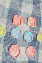 Load image into Gallery viewer, Set of handmade pastel wax seals with marbled spring colors and raised floral stamp designs. The quarter-sized Cafe Critterz wax seal embellishments have a soft vintage-inspired look for junk journals, scrapbooking, happy mail, gift wrapping, and creative paper crafts.
