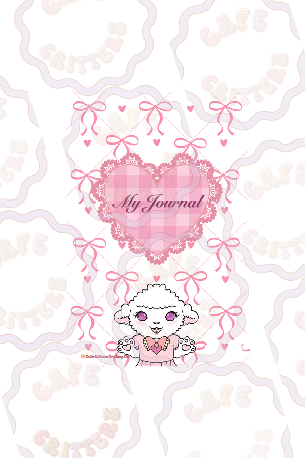 5.5 x 8.5 inch “Sleepy Sweet’s Journal” notebook with a soft pink cover design featuring a heart-shaped lace frame that reads “My Journal.” Sleepy Sweet, a Cafe Critterz lamb character, appears near the bottom holding a heart, surrounded by delicate pink 