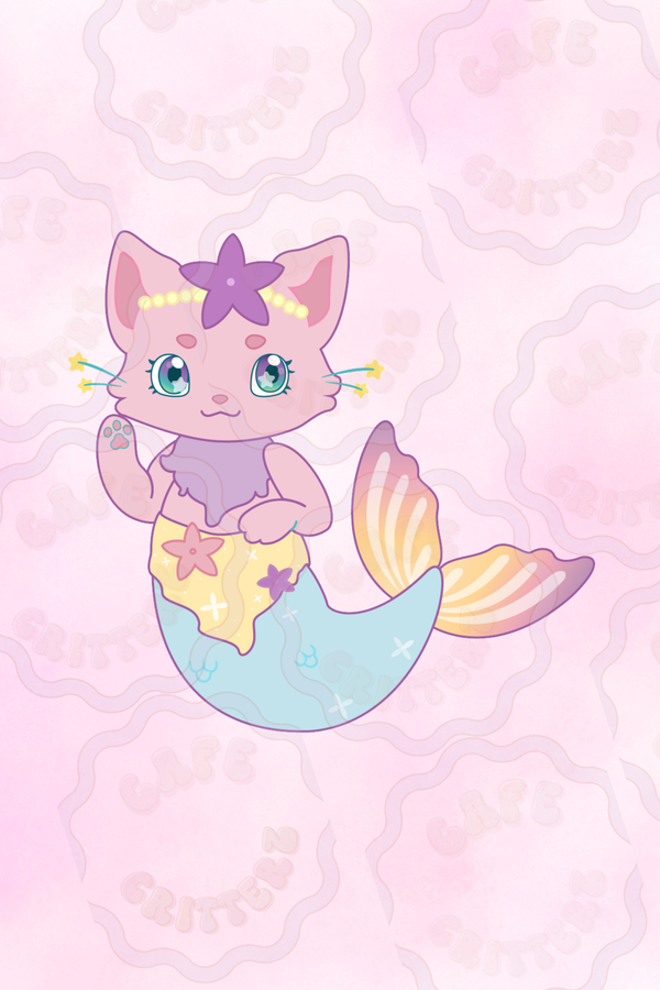 3 x 3 inch “Mewmaid” sticker featuring a pastel cat mermaid with seashell accents, star-shaped whisker details, and a colorful ocean-inspired tail. The Cafe Critterz mermaid cat sticker has a soft under-the-sea look for journals, planners, water bottles, 