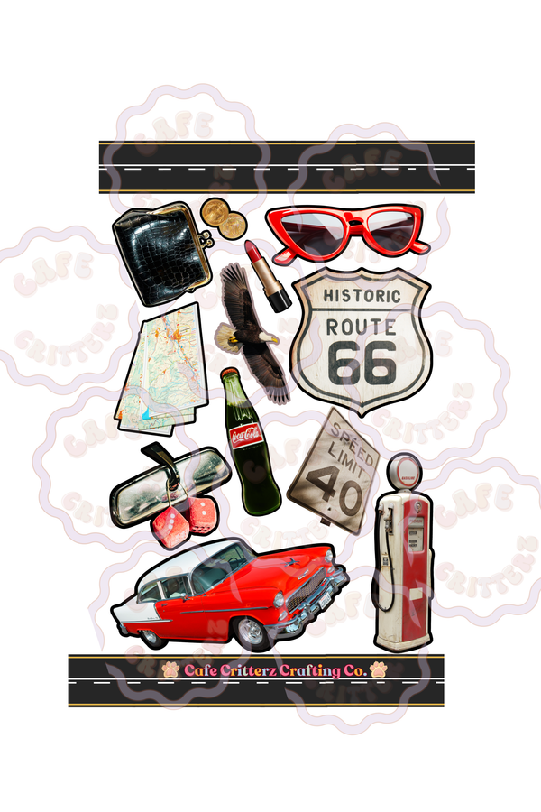 4 x 7 inch “Retro Route 66” sticker sheet with vintage road trip designs on a white background with black and gray striped borders. The Cafe Critterz sticker sheet includes a Route 66 highway sign, red sunglasses, paper map, keys, cherries, soda bottles, dice, red convertible car, motel-style sign, and other retro Americana travel details for a nostalgic junk journal or planner look.