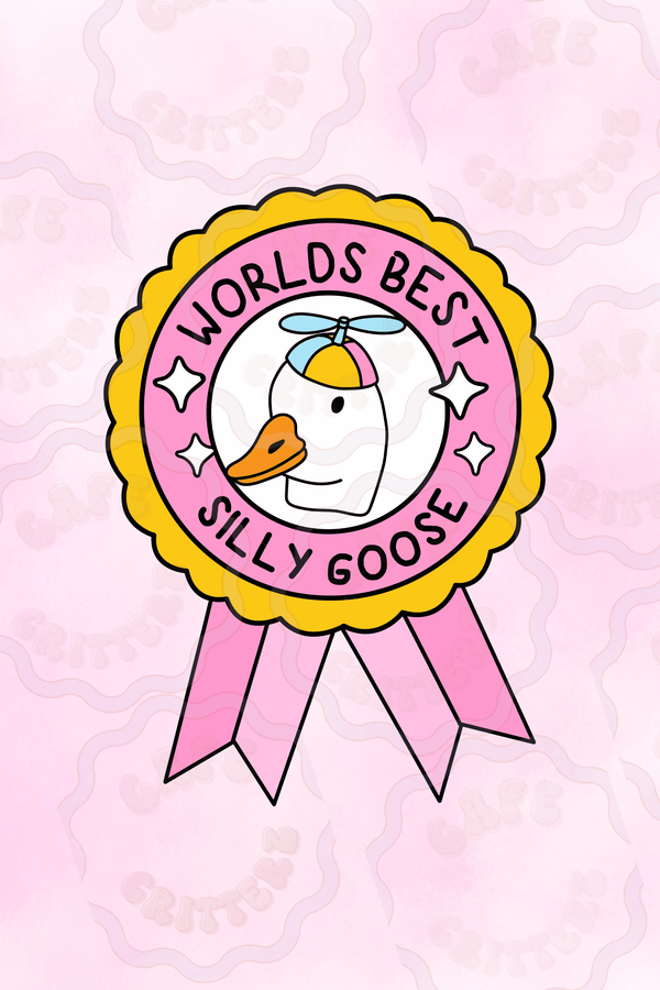 2.5 x 3 inch “World’s Best Silly Goose” sticker featuring a cheerful white goose wearing a colorful propeller hat inside an award ribbon design. The Cafe Critterz vinyl sticker includes blue and green ribbon tails, pink lettering, and yellow star accents 