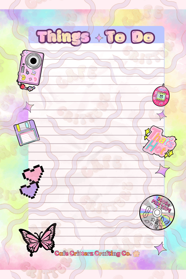 Y2K tech memo pad with a “Things To Do” header above a lined writing space, surrounded by pastel rainbow tie-dye colors. The 5 x 7 inch Cafe Critterz design features 2000s-inspired illustrations, including a digital camera with charms, floppy disk, pixel hearts, butterfly, sparkles, “That’s Hot” sticker, mix CD, and Tamagotchi-style pet for a nostalgic to-do list look.
