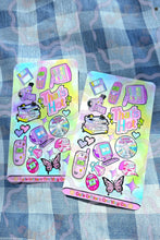 Load image into Gallery viewer, 6"x7" full color vinyl sticker sheet featuring whimsical nostalgic y2k 2000s themed illustrations of media, tech and toys in the cafe critterz style, includes computer desktop, nokia flip cell phone, butterfly, von dutch trucker hat, VHS tapes stack, sparkles, that's hot qoute, 2000s mix CD tape, floppy disk, TV, cellphone, camera video recorder, pixel hearts, Tamagotchi to on a background that is pastel rainbow tie dye and is perfect for decorating junk journals, planners, and craft projects scrapbook
