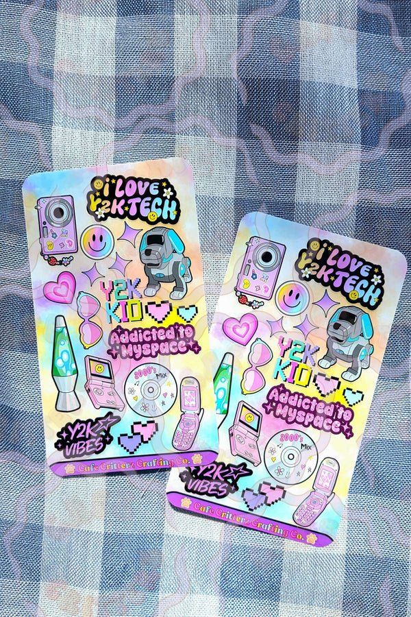 Colorful Y2K toys sticker sheet featuring retro tech icons and playful designs. Perfect for decorating personal items.