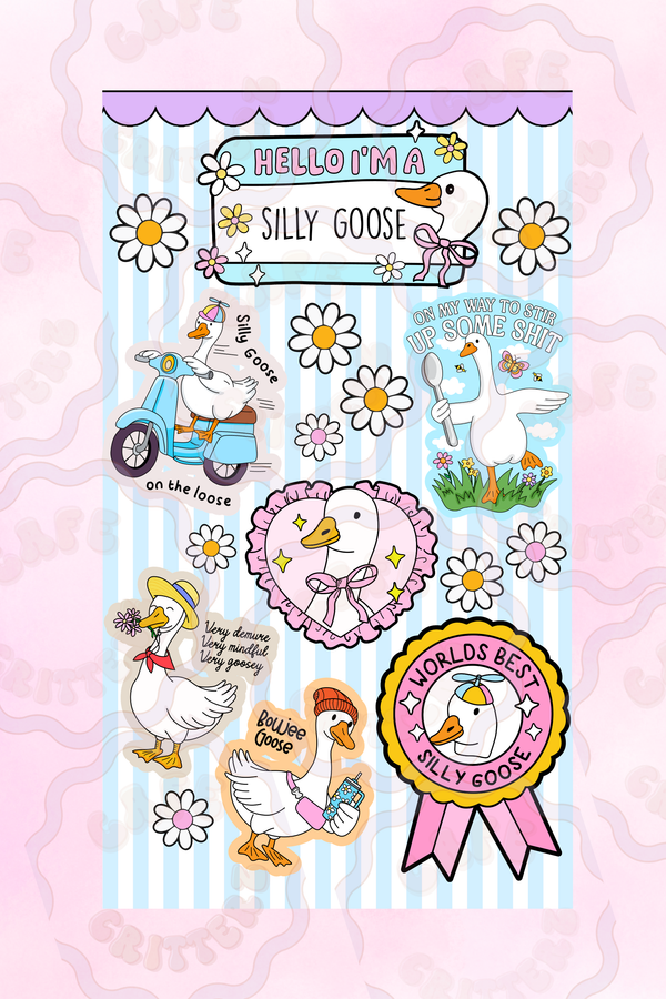 4 x 7 inch “Hello I’m a Silly Goose” sticker sheet featuring a blue striped background with playful goose-themed designs. The Cafe Critterz sticker sheet includes a name tag that reads “Hello I’m a Silly Goose,” white daisies, a goose on a scooter, a goose in sunglasses, a “World’s Best Silly Goose” ribbon, and other cozy silly goose details for a cute spring stationery look.