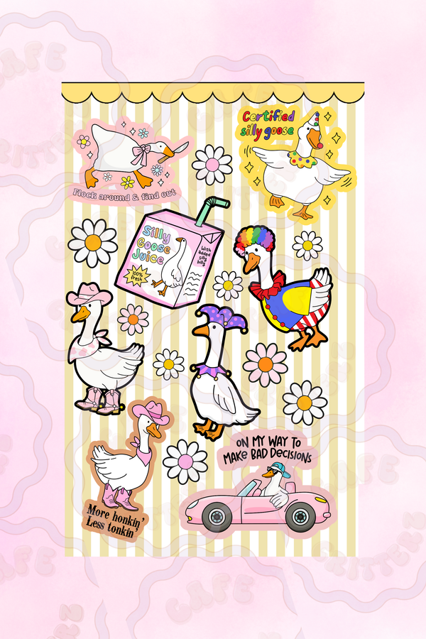 4 x 7 inch “Silly Goose On The Loose” sticker sheet with a yellow striped background and playful goose-themed designs. The Cafe Critterz sticker sheet includes silly geese in accessories, white daisies, pink cars, bows, sparkles, a “Certified Silly Goose” ribbon, a “Silly Goose on the Loose” sign, and other cozy spring stationery details for a whimsical junk journal or planner look.