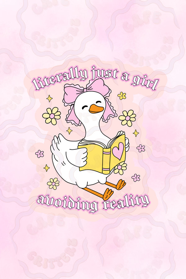 3 x 3 inch “Literally Just a Girl” sticker featuring a white goose holding a yellow book with a pink heart on the cover. The goose wears a large pink bow and is surrounded by small flowers and sparkles, with pink gothic-style text that reads “literally just a girl” and “avoiding reality” for a playful Cafe Critterz bookish sticker look.